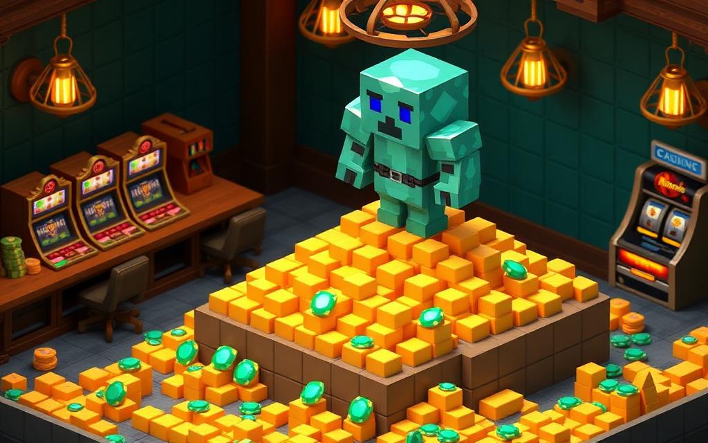 Blocky character standing on a pile of gold in a Minecraft-style casino
